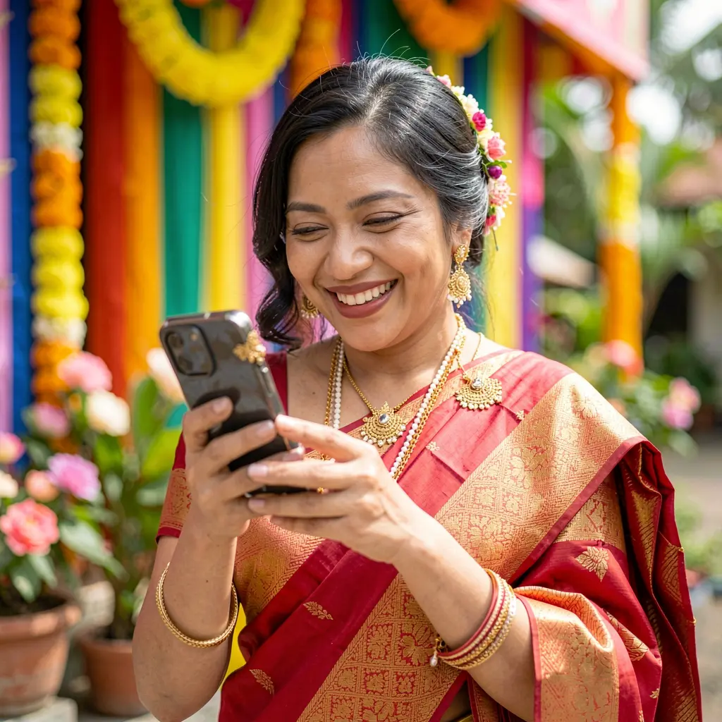 TTTPH App – Enjoy fast and convenient mobile casino entertainment in the Philippines Happy Filipino woman reading messages on her smartphone with colorful lights behind her showing the vibrant TTTPH mobile casino app in the Philippines
