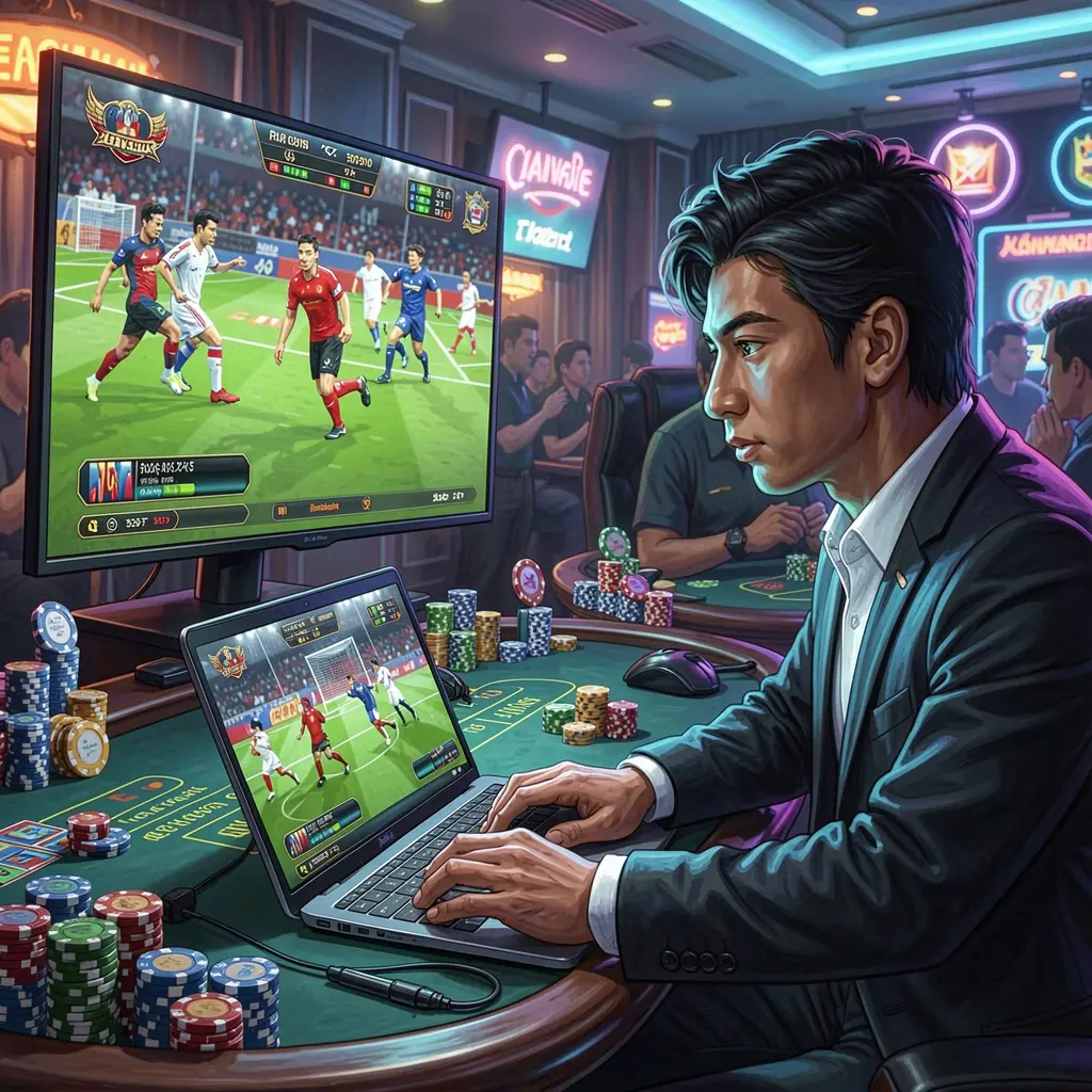 Philippine sports fan placing live sports bets on a laptop while watching a football match on TV with dynamic lighting using TTTPH