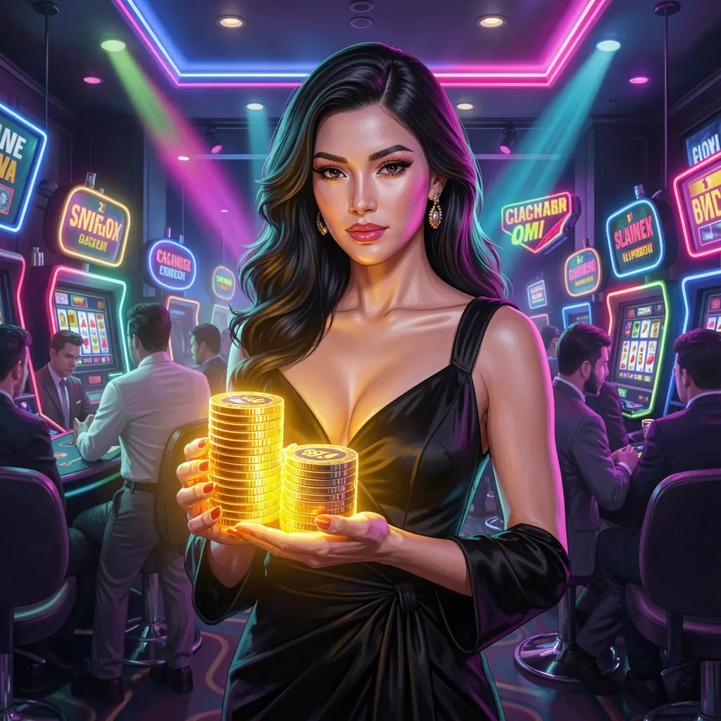 Confident casino player holding glowing chips in a futuristic gaming environment at TTTPH, showcasing premium casino entertainment for the Philippines