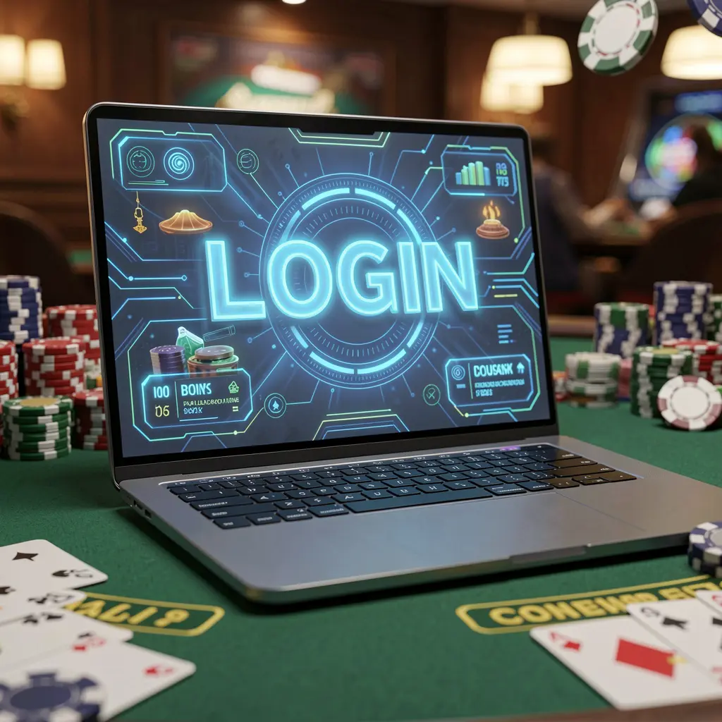 Modern laptop with a bright login interface surrounded by blurred casino chips and cards representing secure access to TTTPH accounts for players in the Philippines