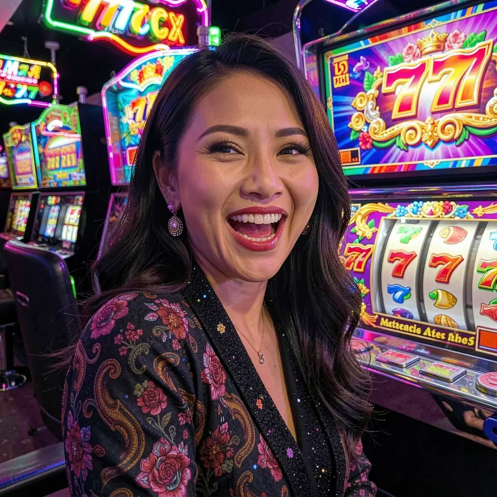 Excited woman enjoying vibrant online slot games with glowing 777 symbols representing thrilling casino entertainment at TTTPH for players in the Philippines